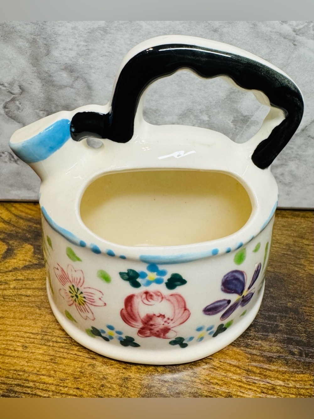Vintage Ceramic Teapot Wall Pocket Vase Floral Cottage Decor